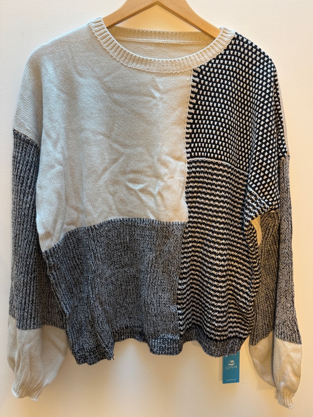 Cupshe Black, Cream & Gray Colorblock Crewneck Sweater